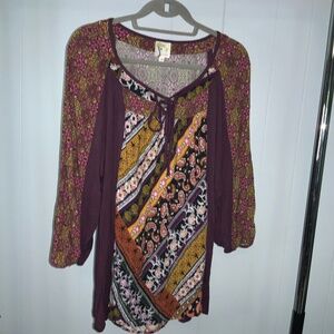 Anthropologie Fig & Flower mixed media boho blouse Sz XL keyhole tie neck